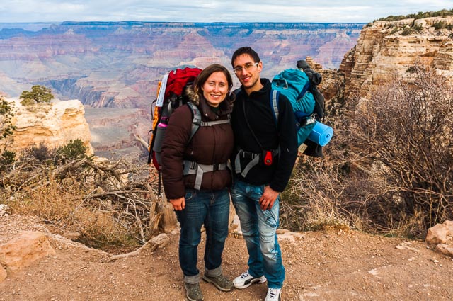 Daniele and Kait starting the South Kaibab Trail down the South Rim of Grand Canyon National Park, Arizona, USA