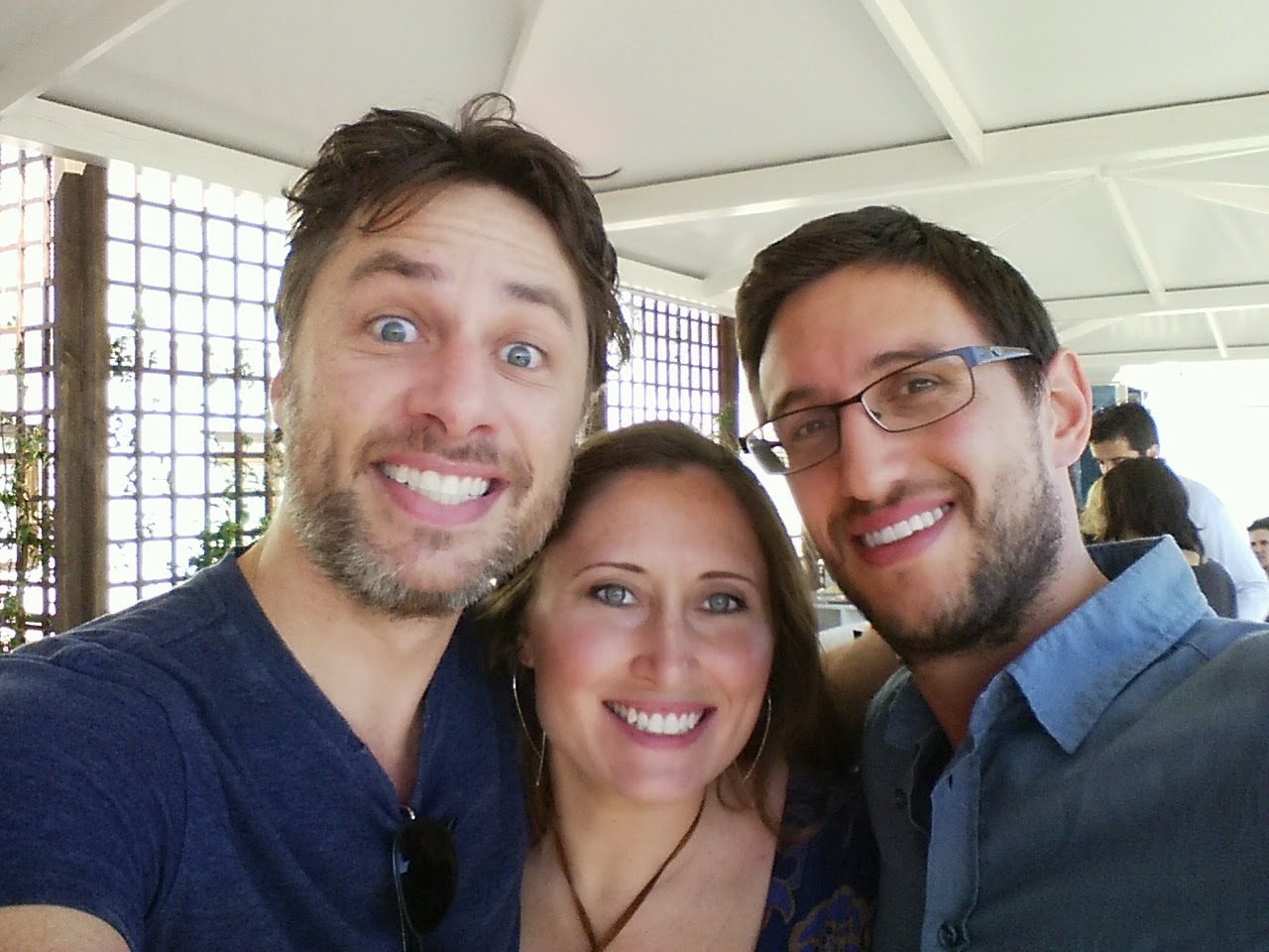 Zach Braff, Kaitlyn Hanrahan, and Daniele Isidori having drinks before the Italy premiere of Wish I Was Here